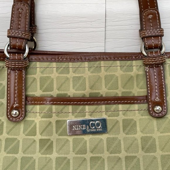 Nine & Company Women Bag Green Convas Brown Leather Hand Bag - Picture 4 of 12